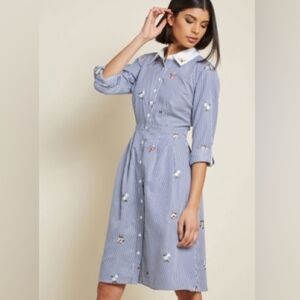 ModCloth Broadcast Coordinator Striped Blue Floral Shirt Dress M